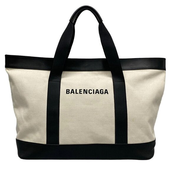 Auth BALENCIAGA Navy Tote 479290 Cream Black Canvas Leather Tote Bag - Picture 1 of 16